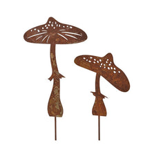 Load image into Gallery viewer, Pot Plant Flower Stakes, Rust Metal Finish, Set of 2 Spike Mushroom Assorted, Ornamental
