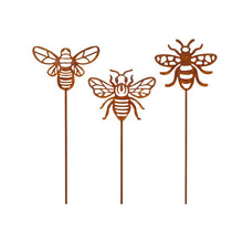 Load image into Gallery viewer, Pot Plant Flower Stakes, Rust Metal Finish, Set of 3 Bee Spikes, Ornamental
