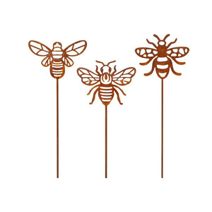 Pot Plant Flower Stakes, Rust Metal Finish, Set of 3 Bee Spikes, Ornamental