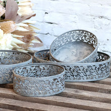 Load image into Gallery viewer, Trays. Set of 4 Oval Antique Zinc, French Style &#39;Lace Edge&#39; Trays With Rustic Finish.
