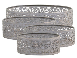 Trays. Set of 4 Oval Antique Zinc, French Style 'Lace Edge' Trays With Rustic Finish.