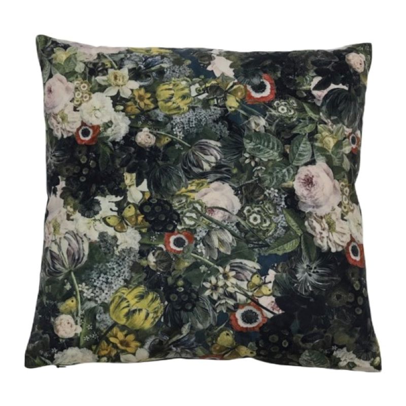 Cushion. Square Velvet, Butterfly / Peony, Anemone, Rose Flowers in Greens and Multi.