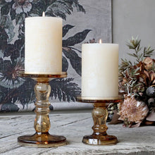 Load image into Gallery viewer, Candleholder, Tall Amber Glass Reversable for dinner or pillar candle

