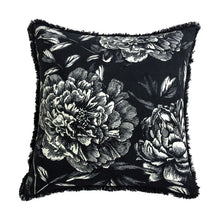 Load image into Gallery viewer, Cushion. Vintage Floral with Fringe. Large Square. Cotton Front, Velvet Rear, Black &amp; White. Feather Filled.
