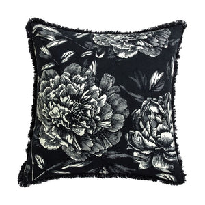 Cushion. Vintage Floral with Fringe. Large Square. Cotton Front, Velvet Rear, Black & White. Feather Filled.