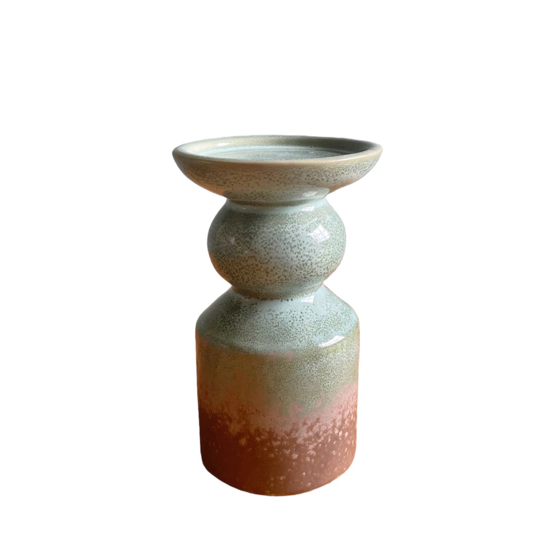 Candle Holder, Reactive Glaze Stoneware, Natural Brown / Green Finish