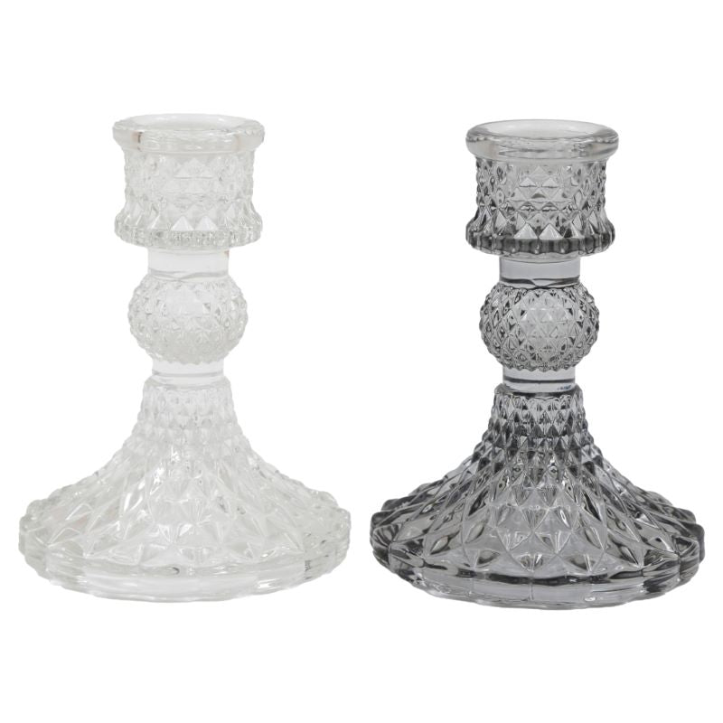 Candleholder, Diamond Cut Glass in Clear or Grey, Short, For Dinner Candles