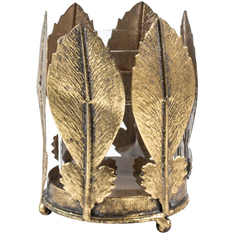 Candleholder, Antique Gold Votive, Metal Golden Leaves, with Glass Inner