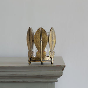 Candleholder, Antique Gold Votive, Metal Golden Leaves, with Glass Inner