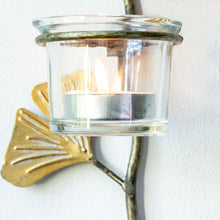 Load image into Gallery viewer, Candleholder for Wall, Ginkgo Leaf Shaped Sconce in Antique Gold Metal for Tea Light.
