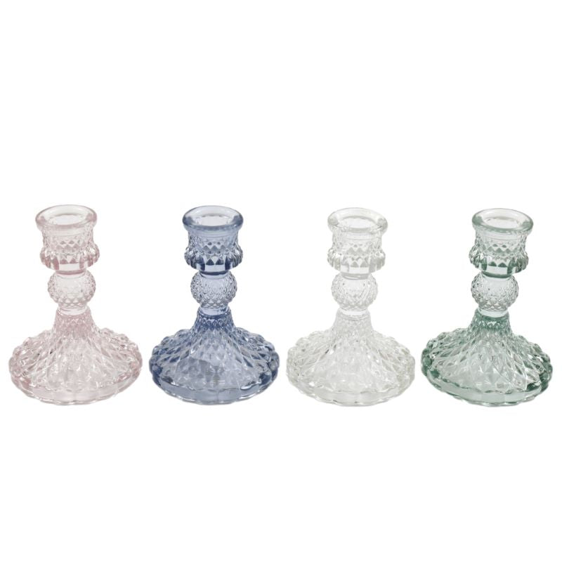 Candleholder, Diamond Cut Glass in Clear, Pink, Blue or Green, Short, For Dinner Candles