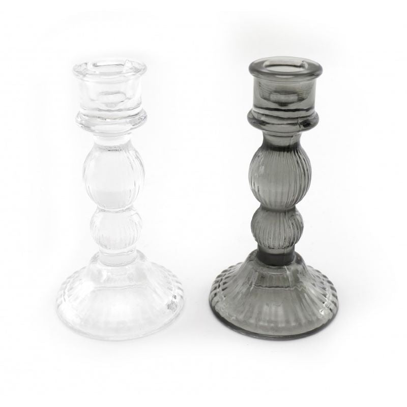 Candleholder, Tapered Glass in Contemporary Style. Clear or Grey, For Dinner Candles
