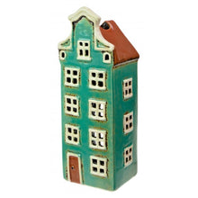 Load image into Gallery viewer, Candle House, Ceramic Dutch House Tea Light Holder, Glazed Pottery, Tall Aqua Blue
