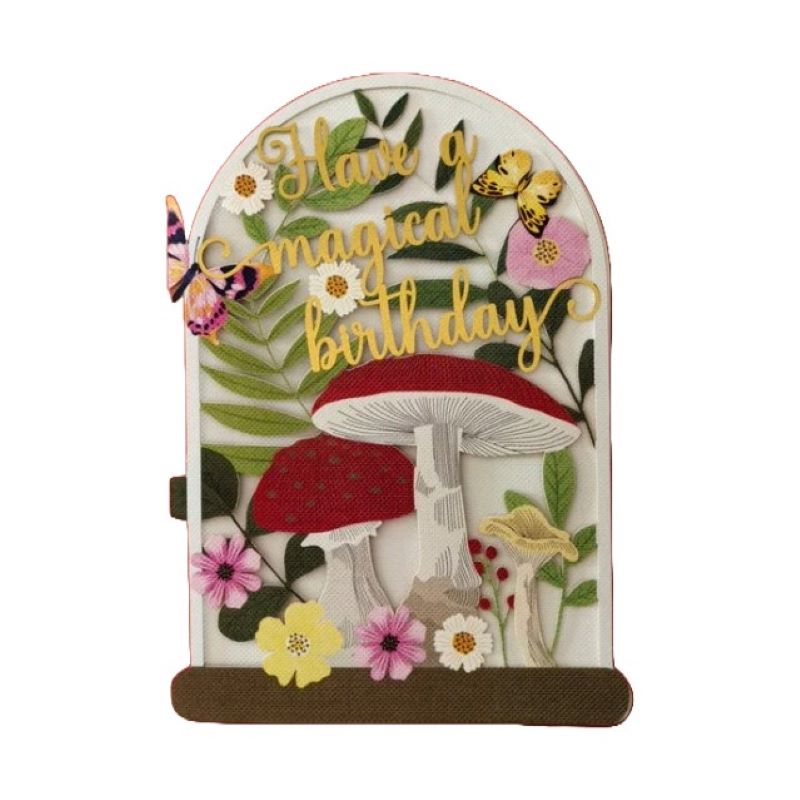 Greeting Card. Laser Cut Design. Dome, Mushroom & Flowers, Happy Birthday. Blank Inside. (Copy)