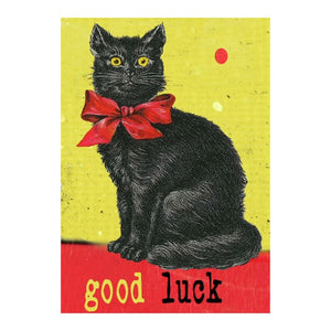 Greeting Card. Vintage Style Black Cat Good Luck Design. Cat with Red Bow.