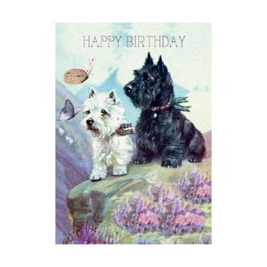 Greeting Card. Vintage Style, Two Scotties, Dog, Happy Birthday