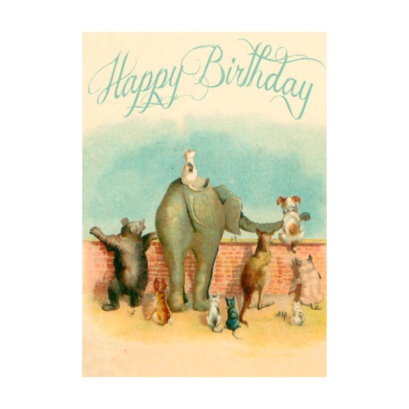 Greeting Card. Vintage Style Animals Looking Over The Wall, Blank Card