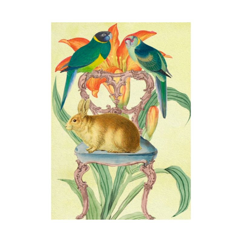 Greeting Card. Vintage Style Rabbit on the Chair, Parrot, Blank Card