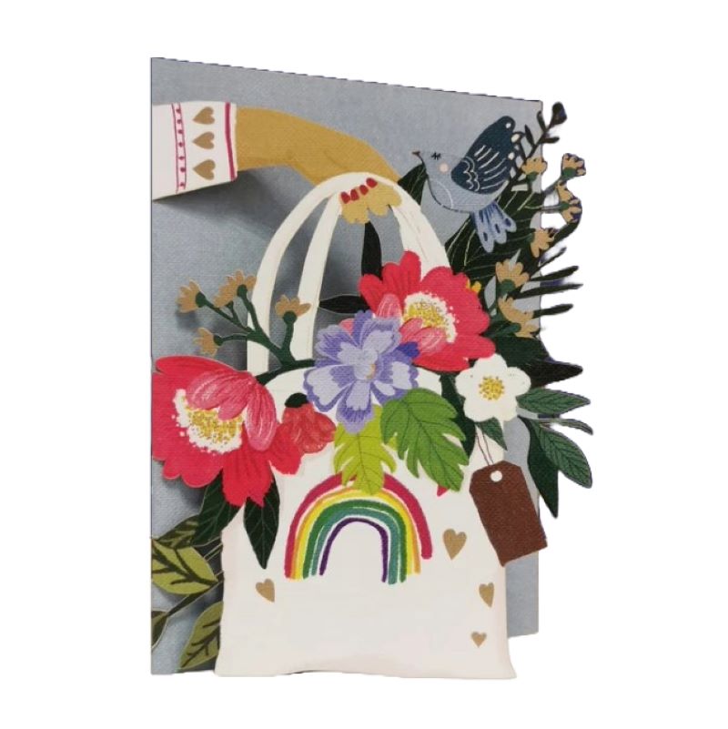 Greeting Card. Laser Cut. Bag of Rainbows & Flowers, Happy Birthday Card.