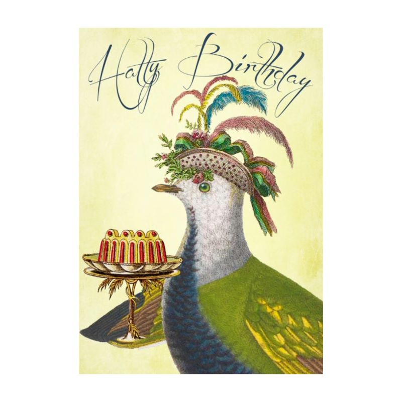 Greeting Card. Vintage Style Bird With Hat & Trifle, Happy Birthday