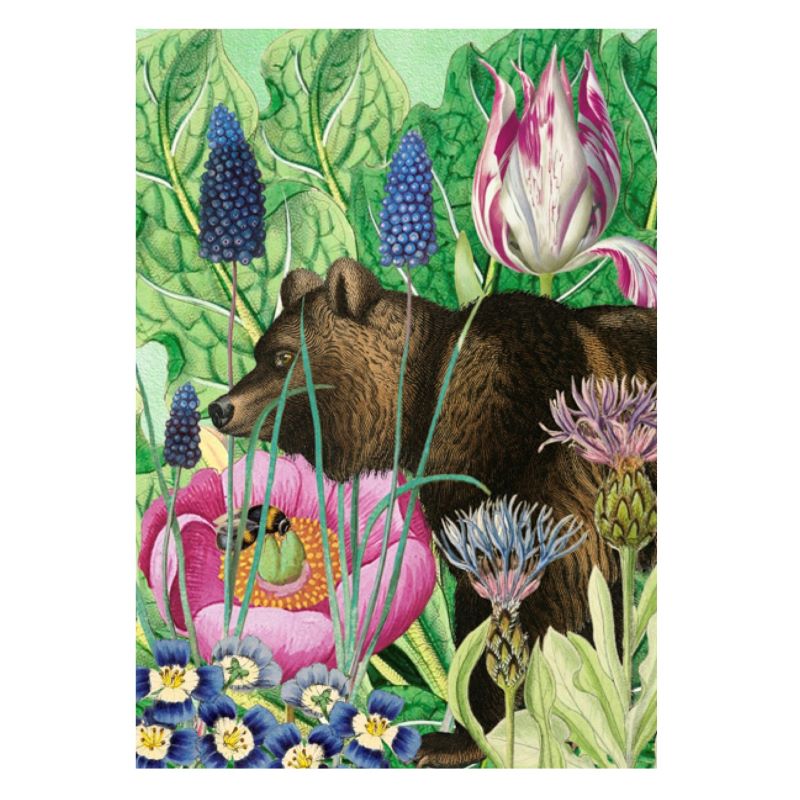 Greeting Card. Vintage Style Design. Brown Bear with Tulip