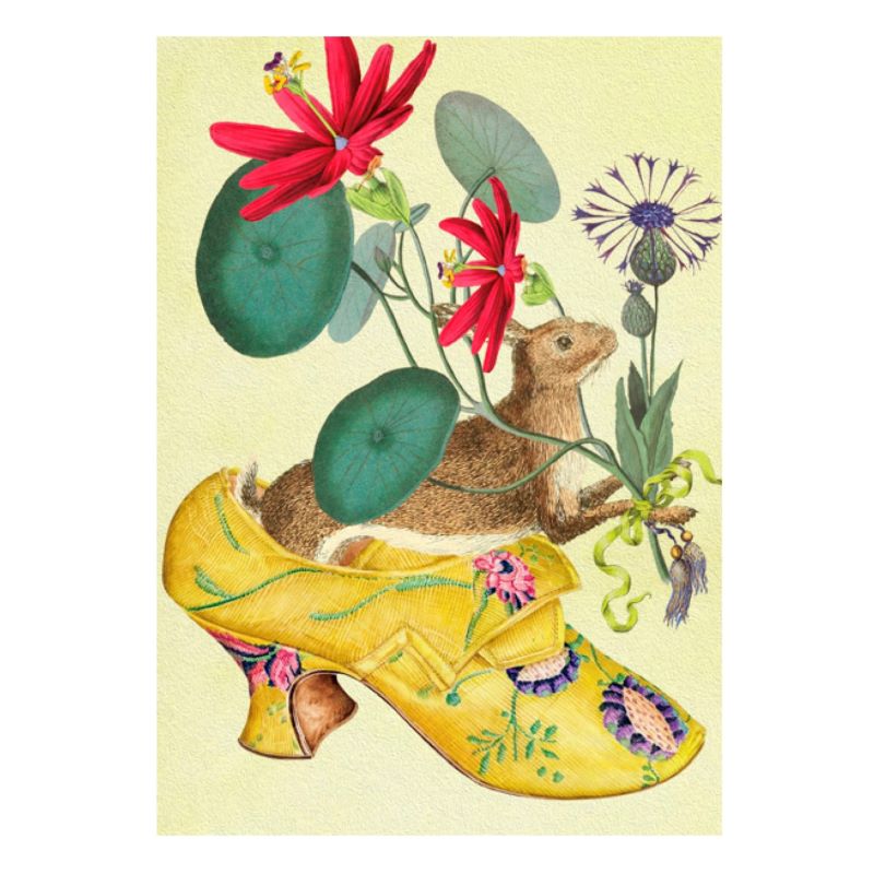 Greeting Card. Vintage Style Design. Leaping Hare in a Shoe