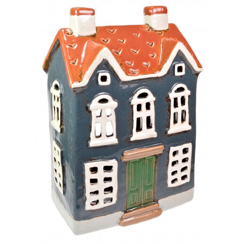 Candle House, Ceramic Dutch House Tea Light Holder, Glazed Pottery, Blue, Green Door