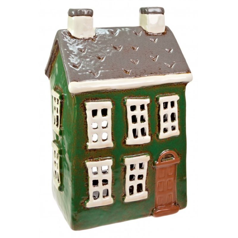 Candle House, Ceramic Dutch House Tea Light Holder, Glazed Pottery, Green, Brown Door see
