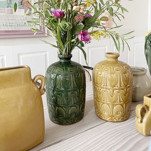 Vase, Danish Glazed Pottery, Tall, Art Deco Influence - Dark Green  VF