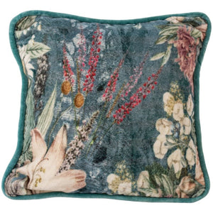 Cushion. Mini Velvet Piped Square, In Blues with a cluster floral blooms 25cm GI