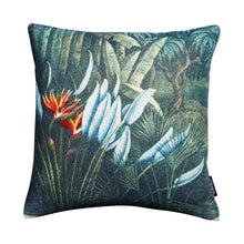 Load image into Gallery viewer, Cushion. Square Velvet, Strelitzia / Bird of Paradise Plant in Greens and Blues.
