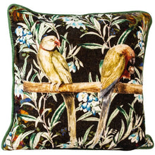 Load image into Gallery viewer, Cushion. Velvet Piped Square Cushion In Black Floral with Parakeets 45cm GI
