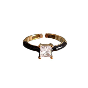 Ring. One Size. Enamel 'Open' Solitaire Ring, Square Clear Cubic Zirconia, Size Adjustable