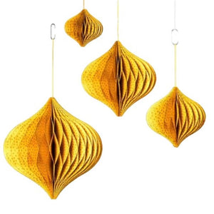 Decoration, Hanging Honeycomb Bauble 'Onion' Shape, Handmade Paper, Gold Spot & Mustard