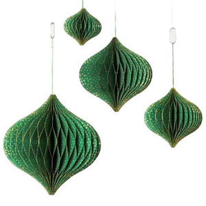 Decoration, Hanging Honeycomb Bauble 'Onion' Shape, Handmade Paper, Gold Spot & Green