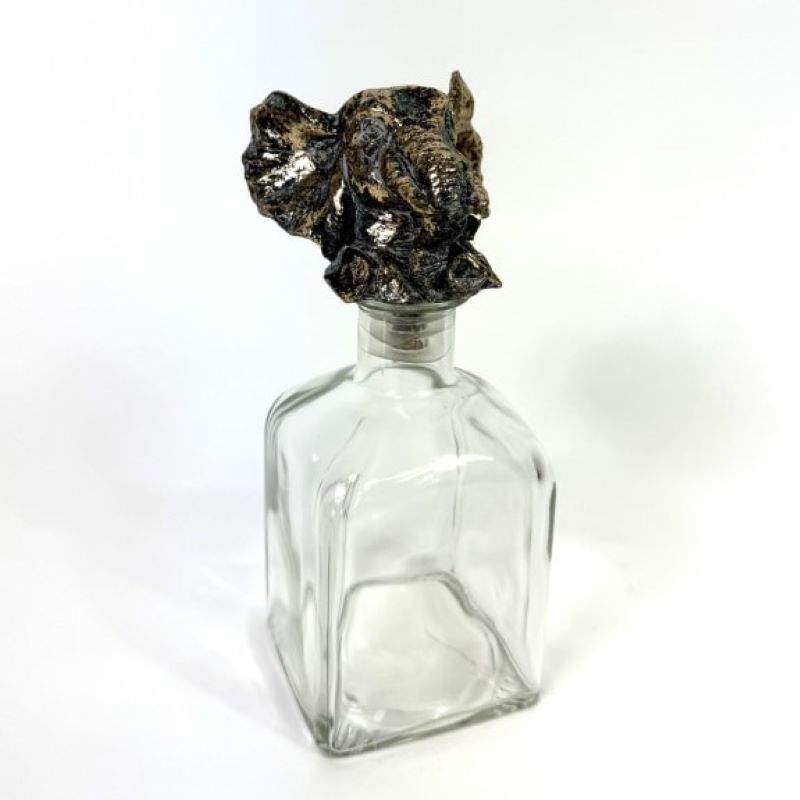 Bottle, Large Clear Glass Decanter Bottle with Antique Bronze Elephant Head Stopper.