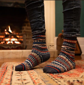 Socks, Single Pair, Traditional Fairisle Design, Cotton Rich in Navy Blue Mix