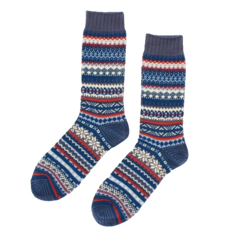 Socks, Single Pair, Traditional Fairisle Design, Cotton Rich in Navy Blue Mix