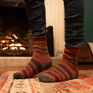 Socks, Single Pair, Traditional Fairisle Design, Cotton Rich in Red /Blue Mix