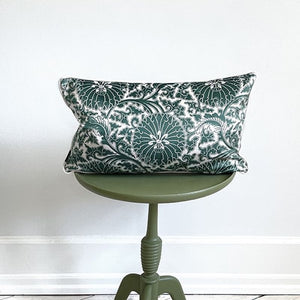 Cushion. Rectangle Velvet Cushion. Cream and Green Circle Pattern. VF.