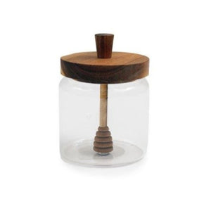 Pot for Honey. Glass & Wood Jar with Wooden Honey Drizzler.