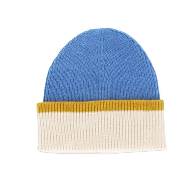 Hat, Men's Soft Knit Beany with Knitted Turn Up, in Blue, Ochre, Cream One Size