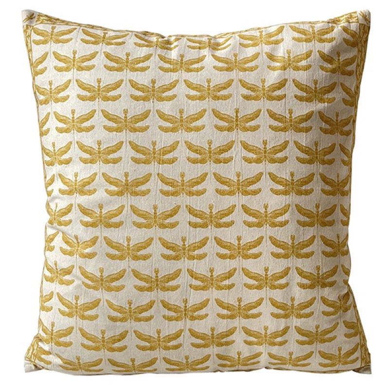 Cushion. Square Cotton, with Patterned Edge. Cream & Golden Yellow 'Dragonfly' Print. VF