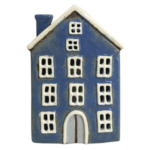 Copy of Candle House, Ceramic Dutch House Tea Light Holder, Glazed Pottery, Blue, White Windows