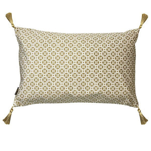 Cushion. Rectangle Velvet Cushion. Cream and Golden Pattern with Tassels. VF.
