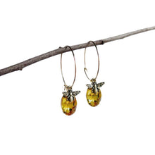 Load image into Gallery viewer, Earrings, Amber Style Stone with Bronze Bee Decal / Pendant, Bronze Ear Hoop
