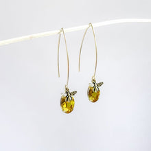 Load image into Gallery viewer, Earrings. Bee, Long Drop Ear Hook, Bronze and Topaz Style Stone.
