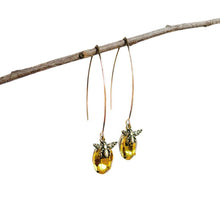 Load image into Gallery viewer, Earrings. Bee, Long Drop Ear Hook, Bronze and Topaz Style Stone.
