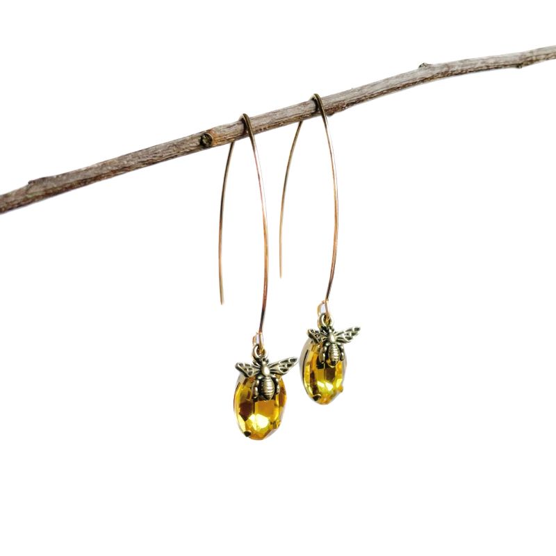 Earrings. Bee, Long Drop Ear Hook, Bronze and Topaz Style Stone.