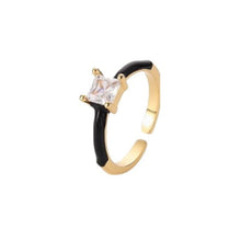 Load image into Gallery viewer, Ring. One Size. Enamel &#39;Open&#39; Solitaire Ring, Square Clear Cubic Zirconia, Size Adjustable
